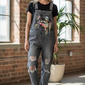MISSLOOK Gray Distressed Women's Overalls fits like L/XL